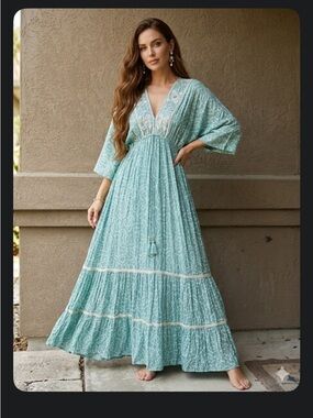 Bohemian V-Neck Seafoam Maxi Dress with Tassel Waist